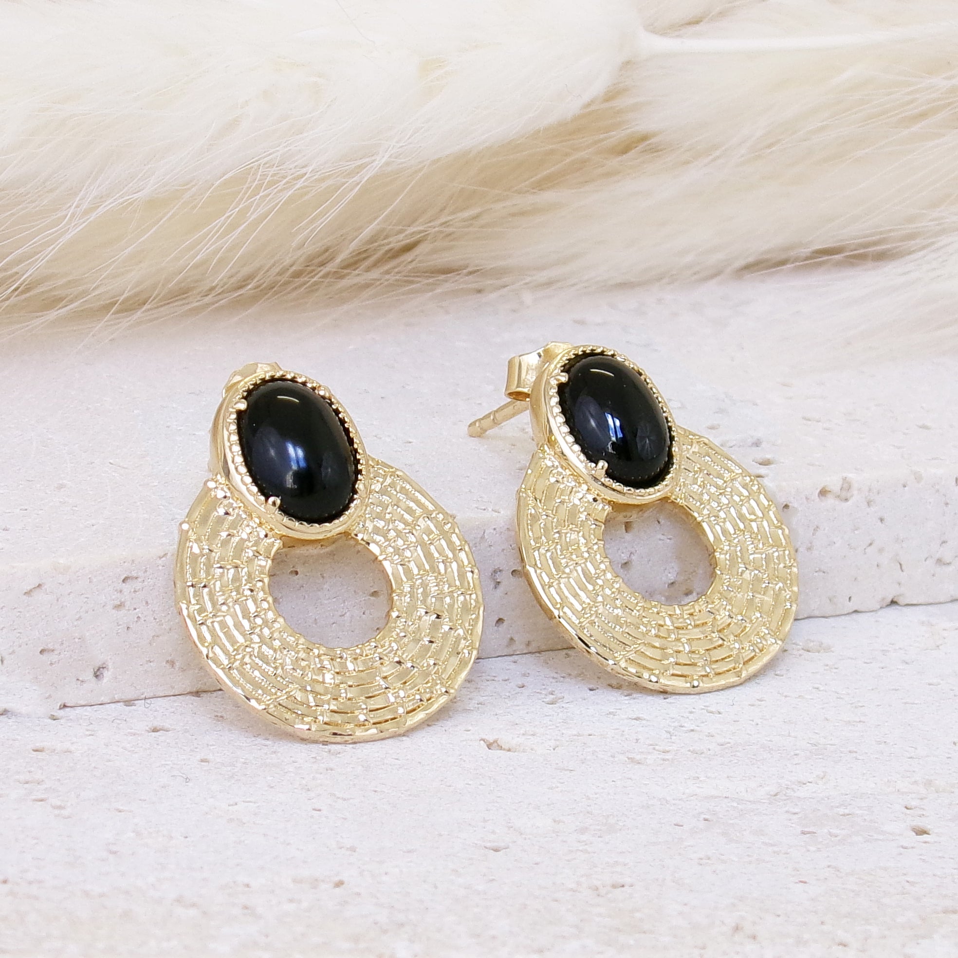 Boucles d'oreilles Naroa Agate noire plaqué or