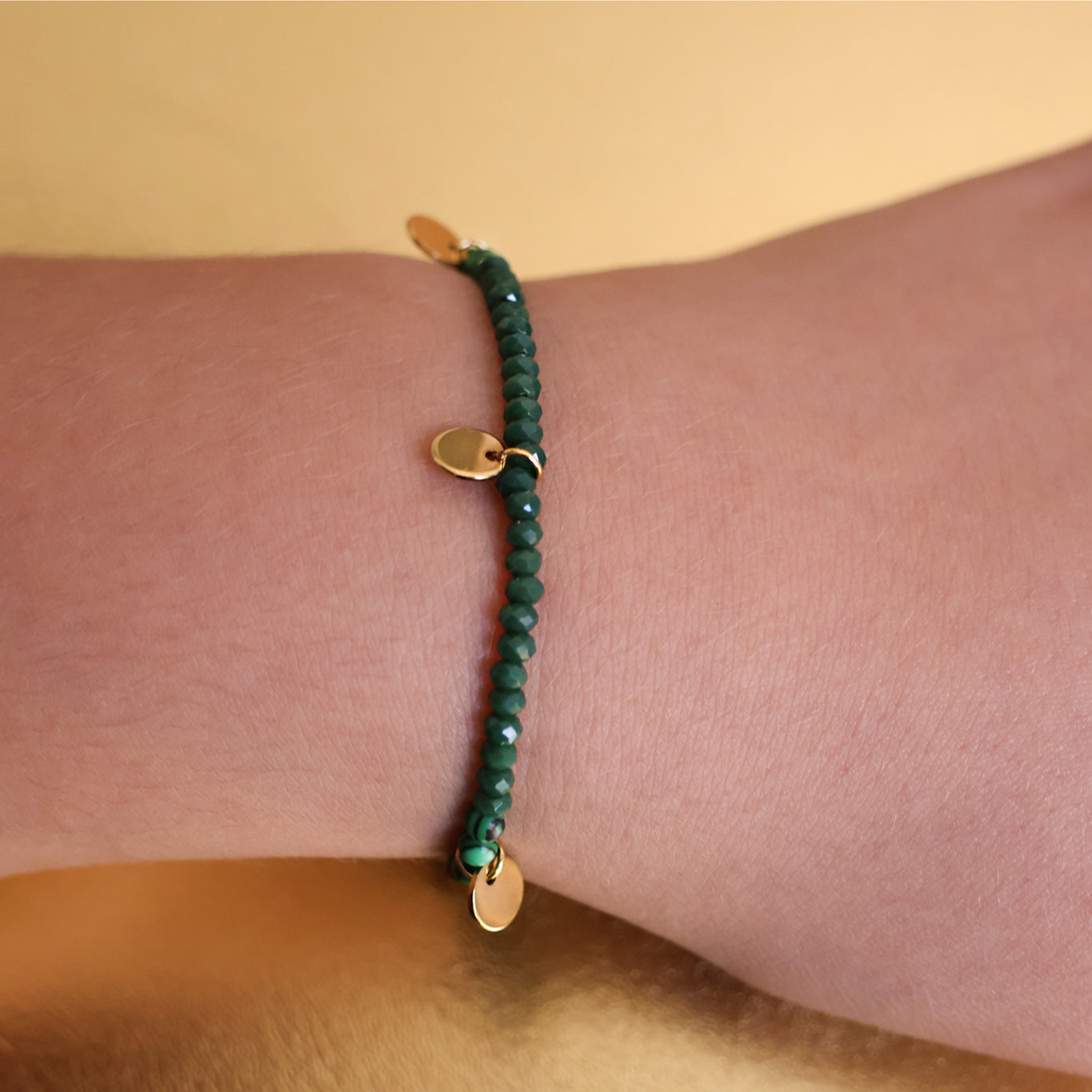 Bracelet Hanae malachite verte pampilles dorées acier inoxydable