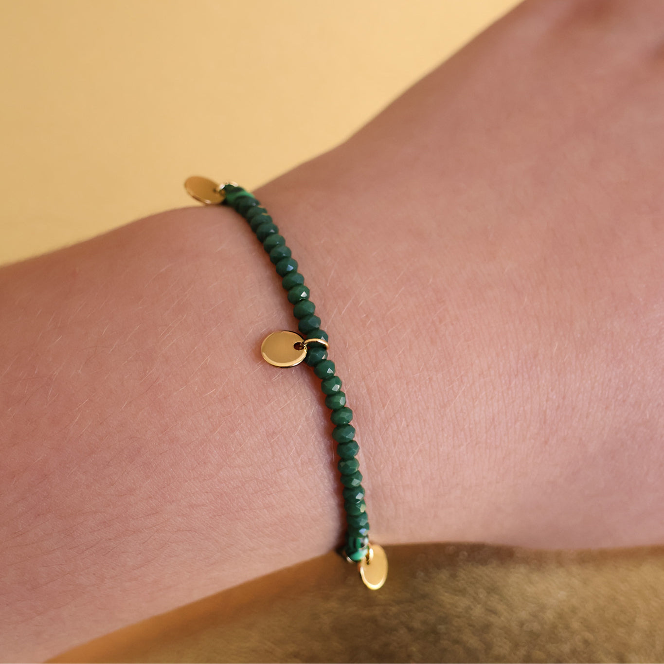 Bracelet Hanae malachite verte pampilles dorées acier inoxydable