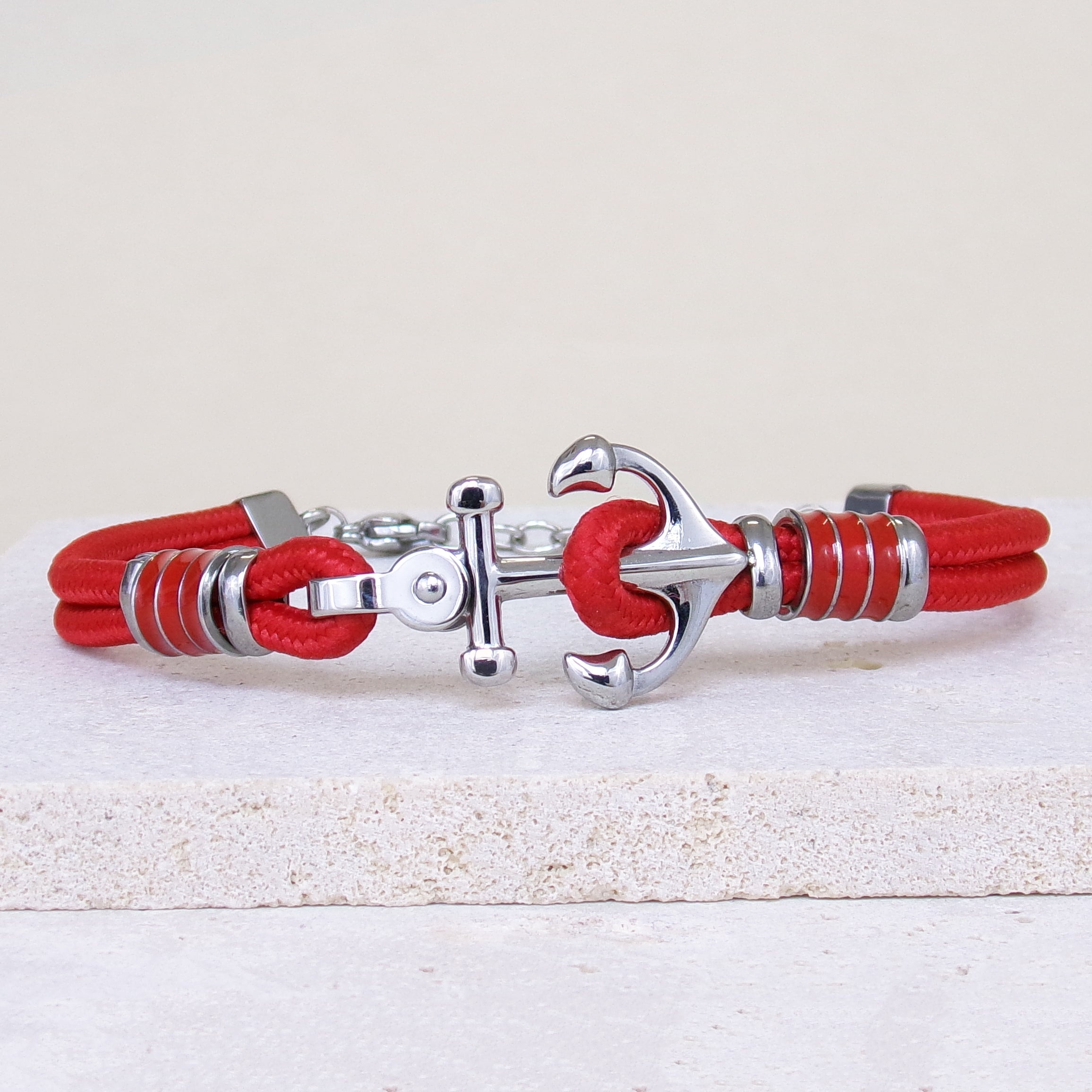 Bracelet Brad 21cm ancre marine cordon rouge acier inoxydable