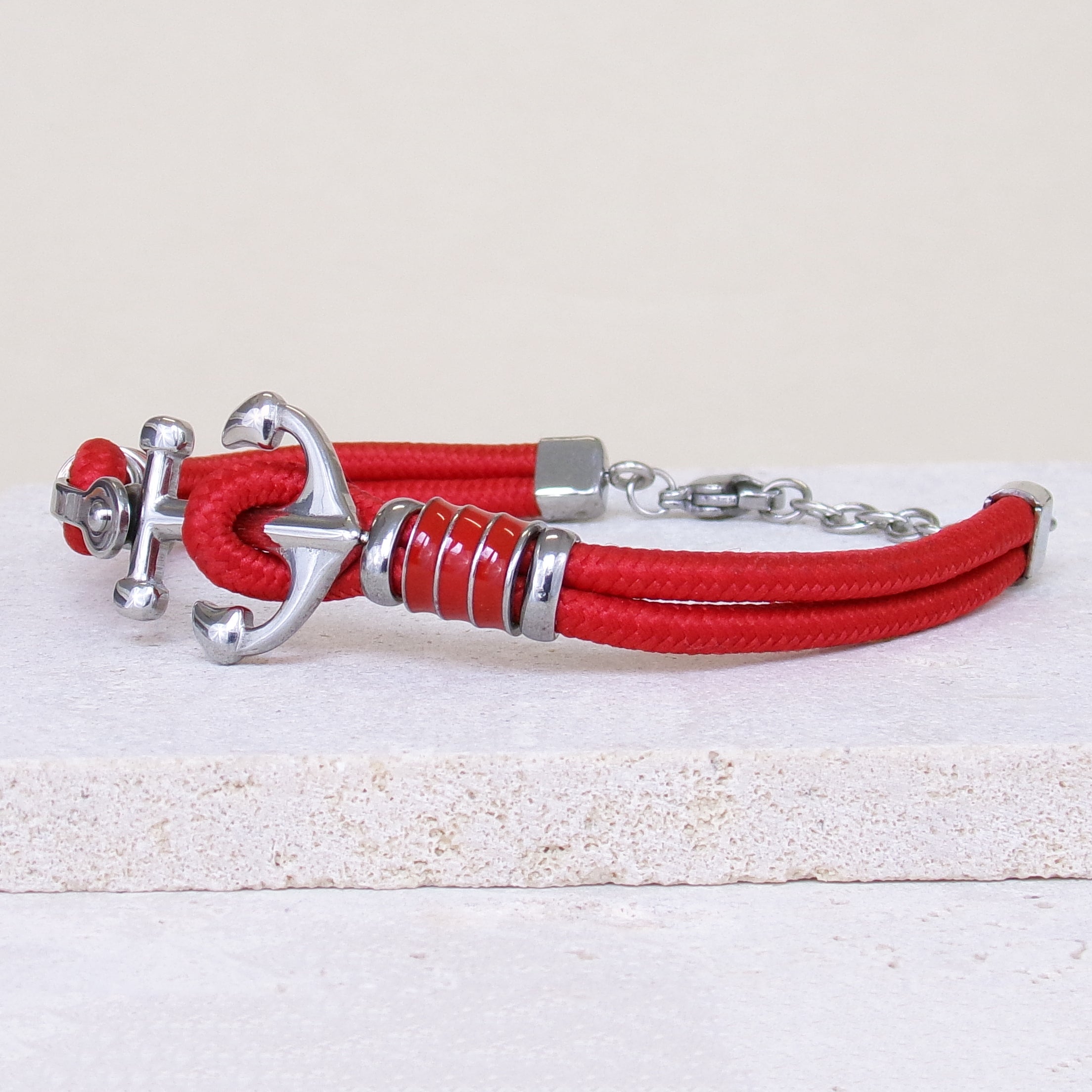 Bracelet Brad 21cm ancre marine cordon rouge acier inoxydable