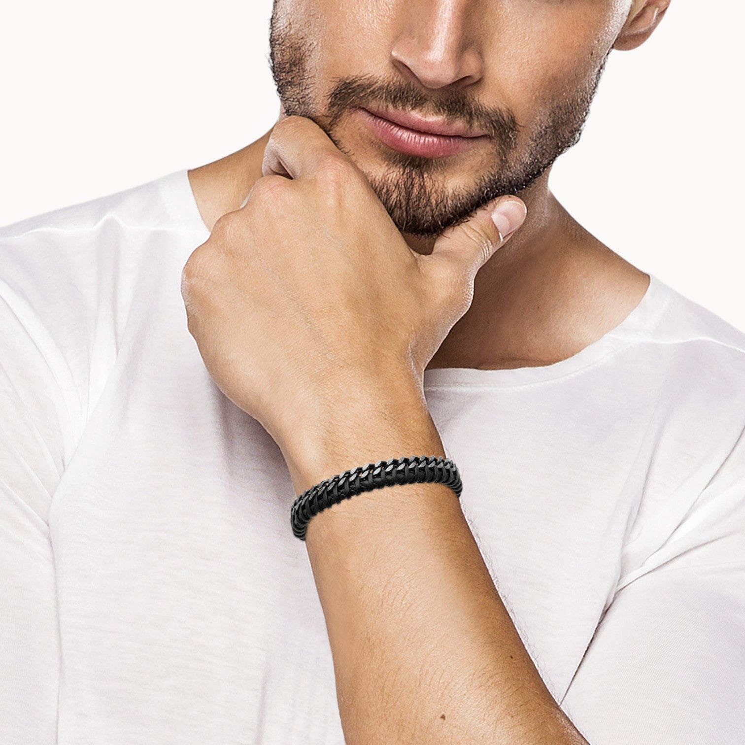 Bracelet Johnny cuir noir titane et acier inoxydable