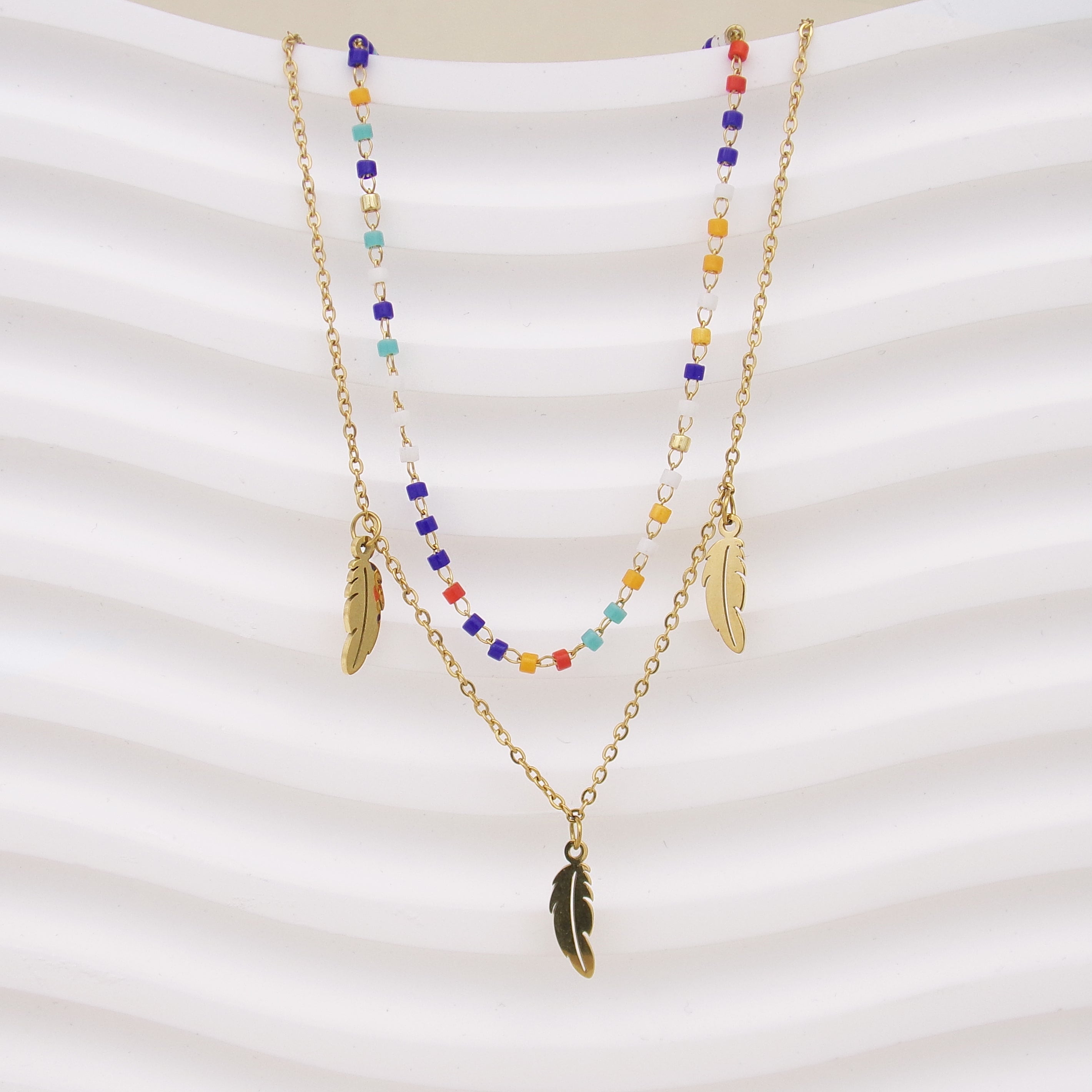 Collier Sara double rang perles multicolores et pampilles plumes acier inoxydable