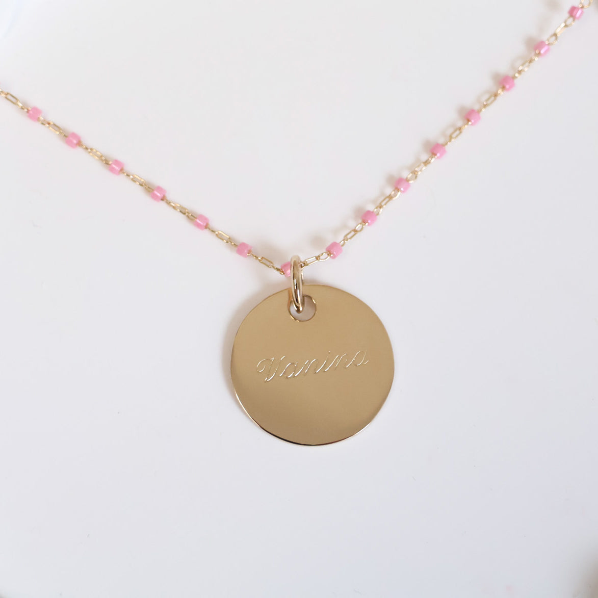 Collier Sora rose et médaille 19mm à graver plaqué or