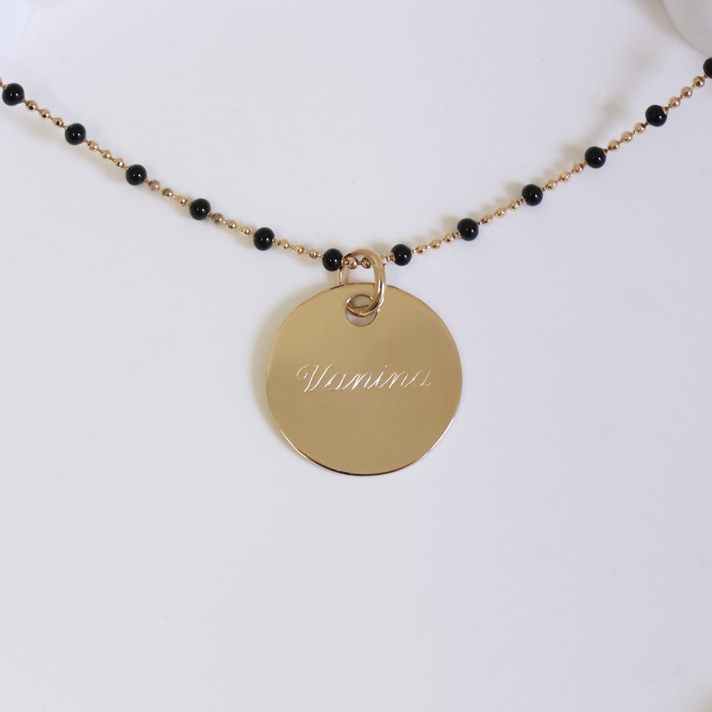 Lily-Rose black necklace and 19mm medal to engrave gold-plated