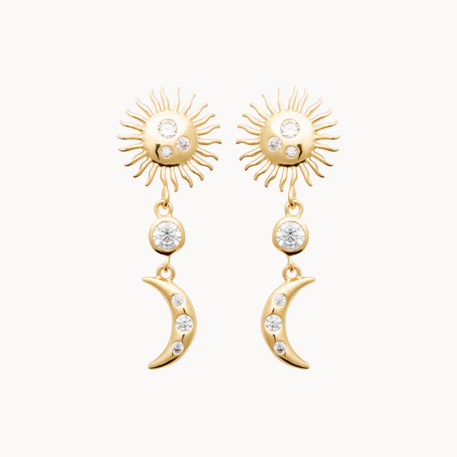 Boucles d'oreilles pendantes soleil et demi lune avec oxydes de zyrconium en plaqué or 18 carats